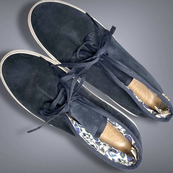 Women's TORY BURCH Blue Suede Cozy Slpper Boots Paisley Lining Rubber Sole EUC - Picture 7 of 12